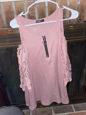 Sheilay Pink Lace-Trim Tank with Front Zip Accent